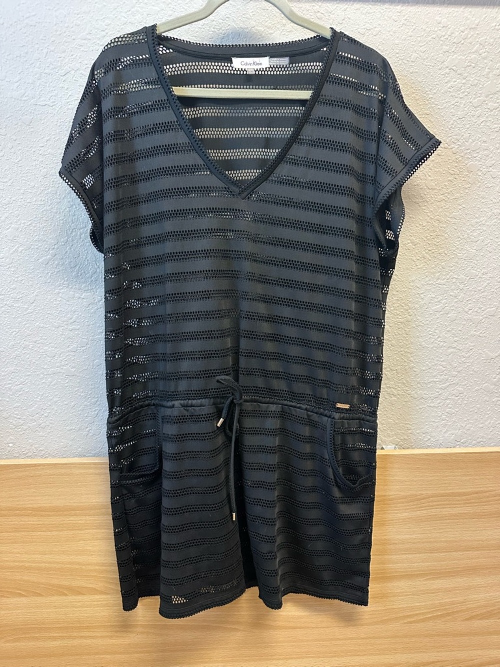 Calvin Klein Black Striped Mesh V‑Neck Swim Coverup